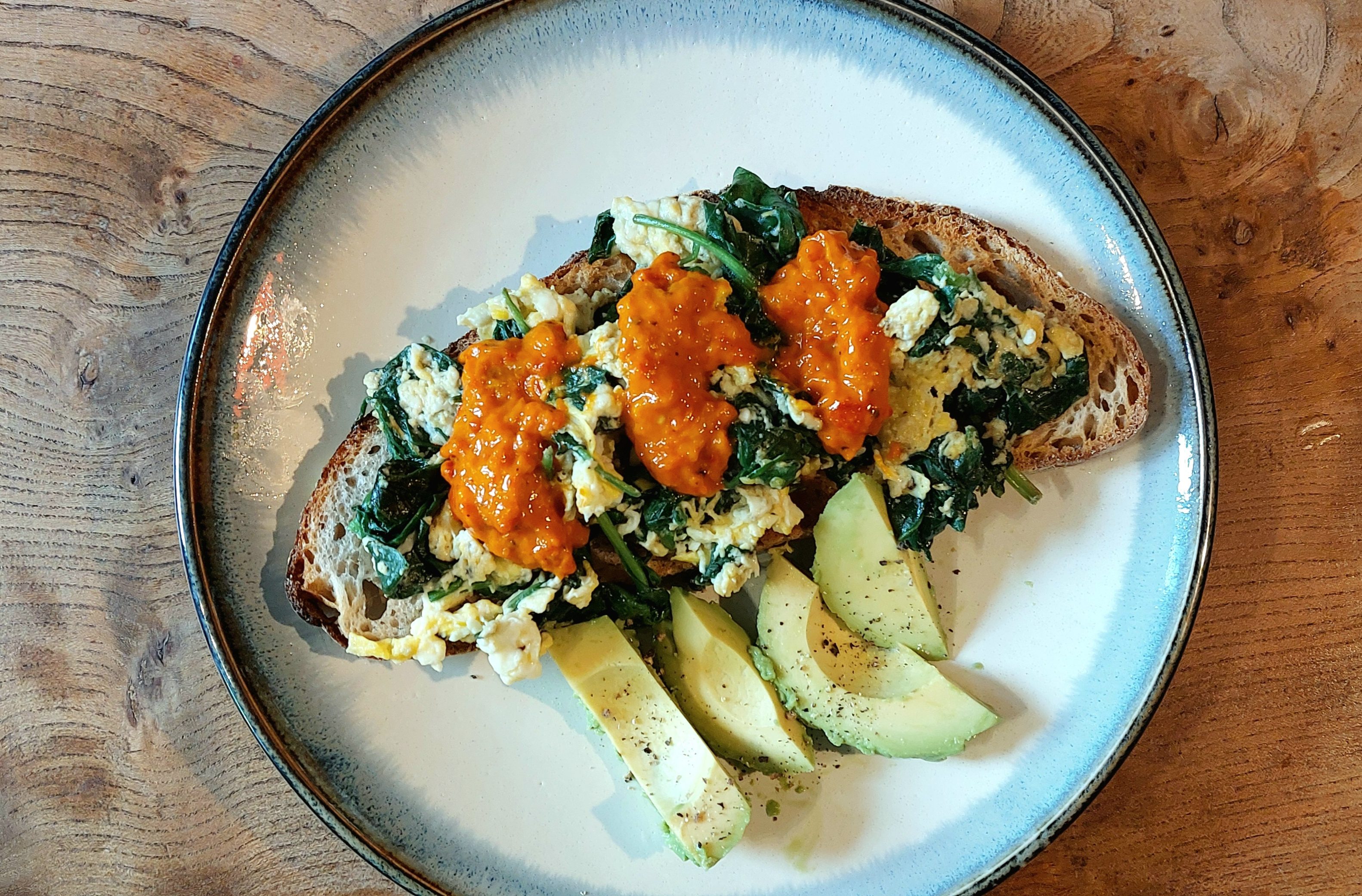 Eggs and Spinach on Sourdough with Red Pepper Sauce