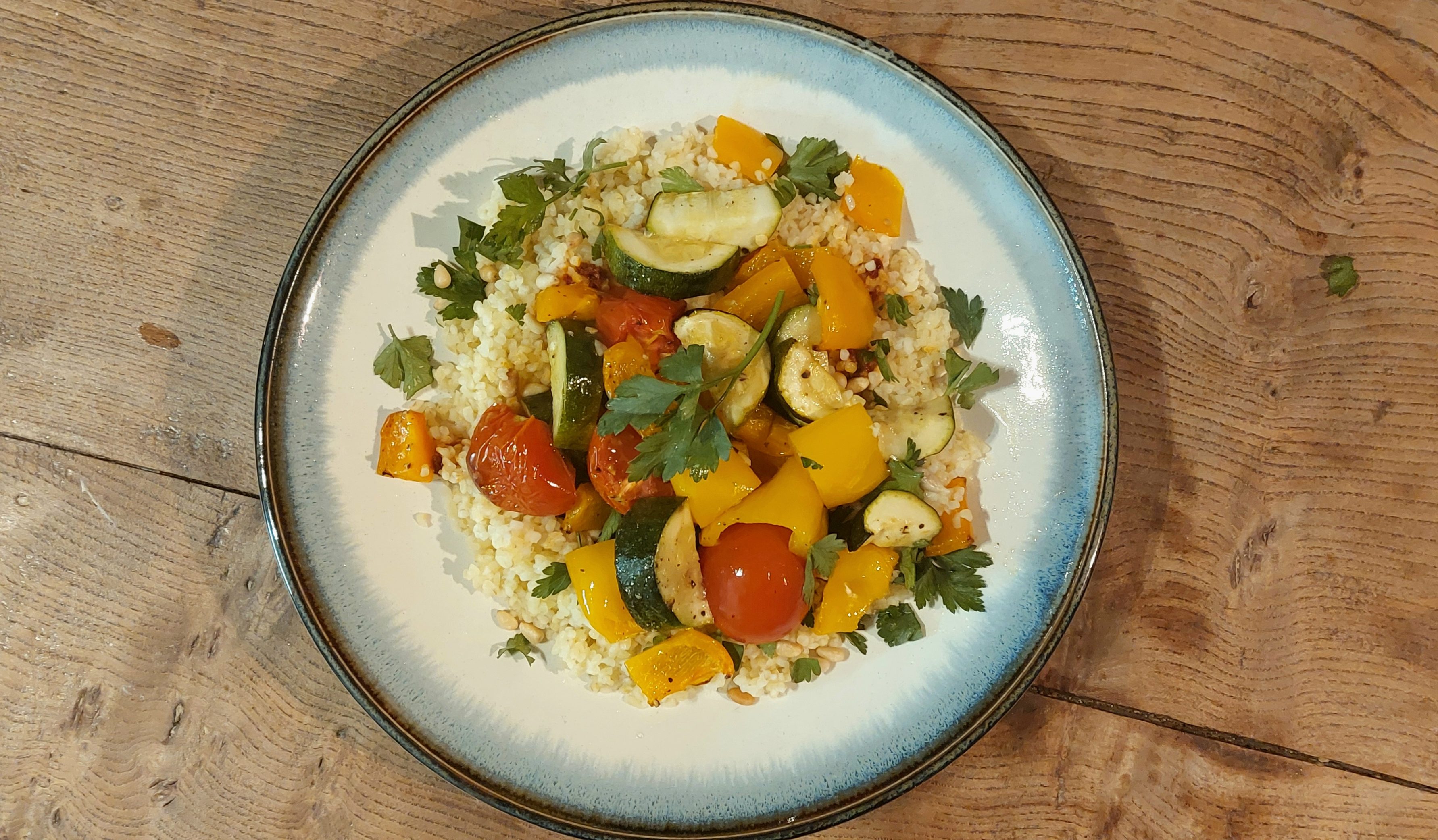 Roasted Vegetables and Harissa Marbled Bulgur Wheat